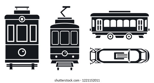 Electric passenger trolley car icon set. Simple set of electric passenger trolley car vector icons for web design on white background