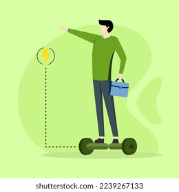 Electric Personal Transport Concept. Young male Character Riding Electric Scooter or Bicycle in City Park. Cartoon Vector Illustration