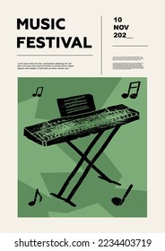 Electric piano, electronic piano, digital piano. Music festival poster. Keyboard musical instruments. Competition.  A set of vector illustrations. Minimalistic design. Banner, flyer, cover, print.