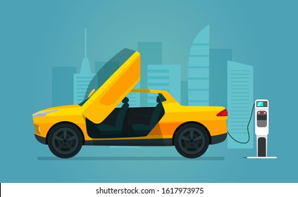 Electric pickup car with open door on a background of abstract cityscape. Electric car is charging, side view. Vector flat illustration.