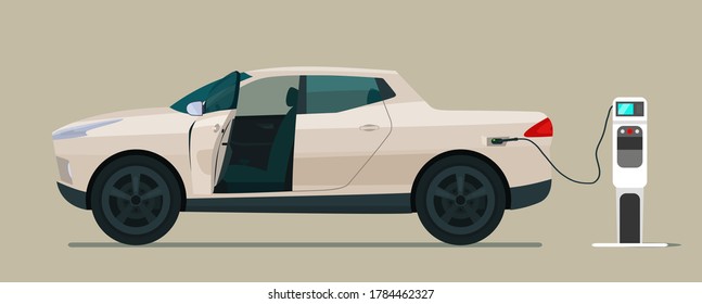 Electric pickup car with open door. Electric car is charging, side view. Vector flat illustration.