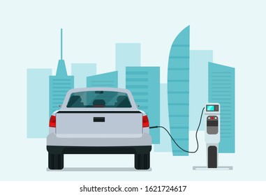 Electric pickup truck car on a background of abstract cityscape. Electric car is charging, back view. Vector flat illustration.