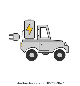 Electric pickup truck illustration. Outline thin line flat illustration. Isolated on white background. 