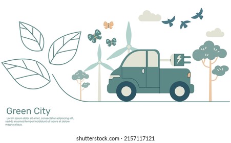 Electric pickup truck on line leaf, Green city with ecology earth nature conservation. Vector design illustration.