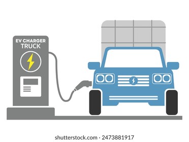 Electric pickup truck refueling charger connector flat design. Charger station for electric car or truck refueling energy to battery.