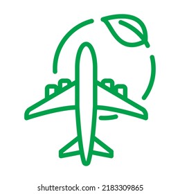 Icono de línea de plano eléctrico. Avión en círculo verde con hoja. Aeronaves alimentadas por electricidad. Concepto de aviación verde Ilustración vectorial.