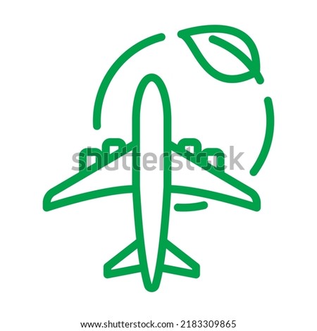 Electric plane line icon. Airplane in green circle with a leaf. Aircraft powered by electricity. Green aviation concept Vector illustration.
