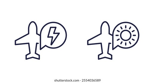 Electric plane line icon, solar air transport vector