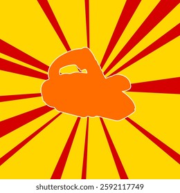 Electric plane symbol on a background of red flash explosion radial lines. A large orange symbol is located in the center of the sunrise. Vector illustration on yellow background