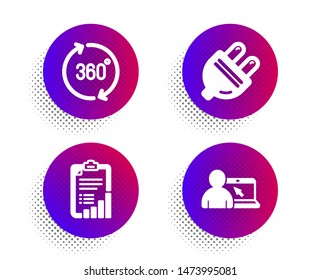 Electric plug, 360 degrees and Checklist icons simple set. Halftone dots button. Online education sign. Energy, Full rotation, Graph report. Internet lectures. Science set. Vector