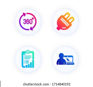 Electric plug, 360 degrees and Checklist icons simple set. Button with halftone dots. Online education sign. Energy, Full rotation, Graph report. Internet lectures. Science set. Vector