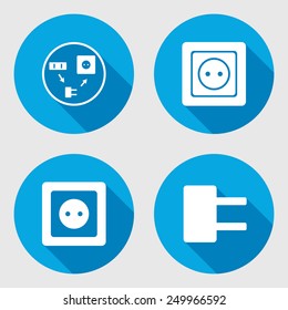 Electric plug and adapter sign set. Power energy symbol. Round circle flat icon with long shadow. Vector