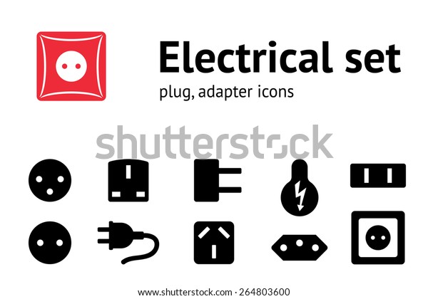 Electric plug, adapter,\
socket base icon set. Power energy symbol. Black icons on white.\
Vector isolated