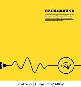 Electric plug background. Brain with cerebellum sign icon. Human intelligent smart mind. Yellow poster with black sign and cord. Vector