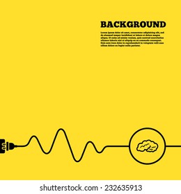 Electric plug background. Brain sign icon. Human intelligent smart mind. Yellow poster with black sign and cord. Vector