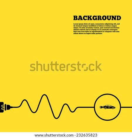 Electric plug background. Electric car sign icon. Sedan saloon symbol. Electric vehicle transport. Yellow poster with black sign and cord. Vector