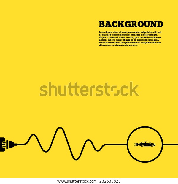 Electric plug background. Electric car sign icon.\
Sedan saloon symbol. Electric vehicle transport. Yellow poster with\
black sign and cord.\
Vector