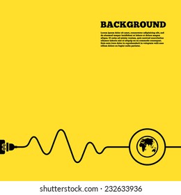 Electric plug background. Globe sign icon. World map geography symbol. Yellow poster with black sign and cord. Vector