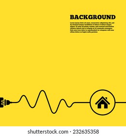 Electric plug background. Home sign icon. Main page button. Navigation symbol. Yellow poster with black sign and cord. Vector