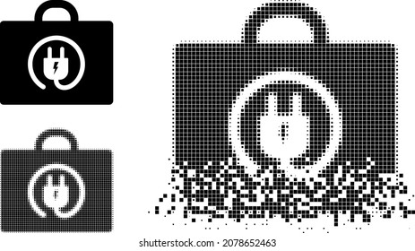 Electric plug box icon with dissolved effect. Disappearing effect uses round elements. Electric plug box in dissolved, dotted halftone and undamaged solid vector versions.
