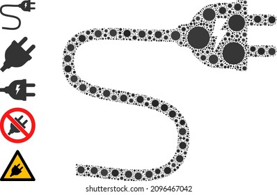 Electric plug cable mosaic icon. Vector mosaic created of randomized bacterium elements. Virus mosaic electric plug cable icon and additional icons. Electric plug cable mosaic for epidemic templates.