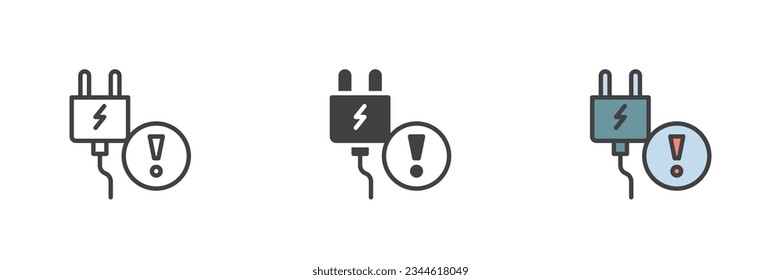 Elektrische Stecker Vorsicht verschiedenen Stil Symbol-Set. Linie, Glyph und gefüllte Umrissversion, Umriss und ausgefülltes Vektorzeichen. Symbol, Logo-Abbildung. Vektorgrafik