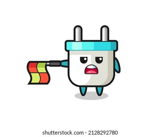 personaje de enchufe eléctrico como juez de línea sostiene la bandera horizontalmente, diseño de estilo lindo para camiseta, pegatina, elemento logotipo