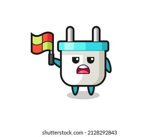 electric plug character as line judge putting the flag up , cute style design for t shirt, sticker, logo element