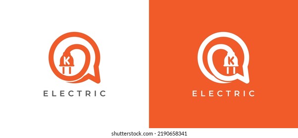 Electric Plug Chat Logo Concept sign icon symbol Design Line Art Style with Letter K. Electrical, Electricity Logotype. Vector illustration logo template