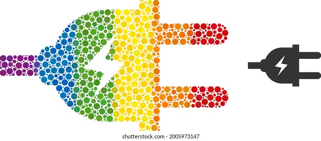 Electric plug collage icon of round dots in different sizes and spectrum multicolored color tints. A dotted LGBT-colored electric plug for lesbians, gays, bisexuals, and transgenders.