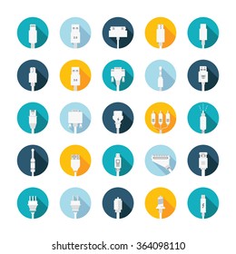 Electric plug, connectors and jack flat line icons set. Collection Connection technology, connector electric power, mobile devices connect, wire and socket
