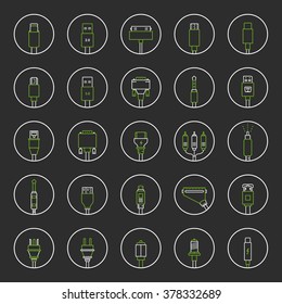 Electric plug, connectors and jack flat line icons set. Collection Connection technology, connector electric power, mobile devices connect, wire and socket