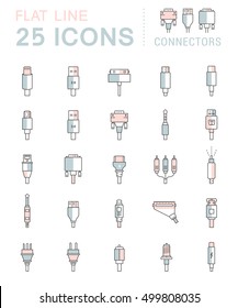 Electric plug, connectors and jack flat line icons set. Collection Connection technology, connector electric power, mobile devices connect, wire and socket