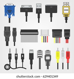 Electric plug, connectors and jack flat line icons set. Collection Connection technology, connector electric power, mobile devices connect, audio, video, wire and socket