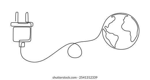 Electric plug and Earth icon in continuous one line drawing. Go green energy concept representing global eco-friendly energy solutions.