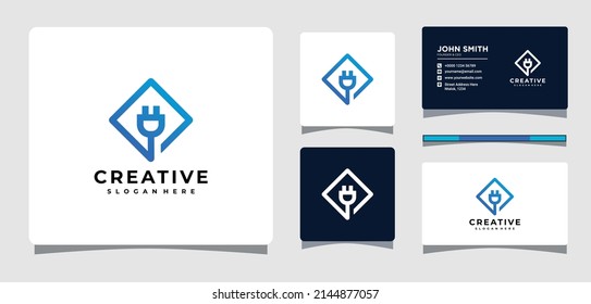 Electric Plug Geometry Logo Template With Business Card Design Inspiration