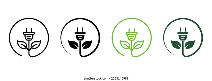 Electric Plug Green Energy Line and Silhouette Icon Color Set. Renewable Sustainable Technology. Eco Electricity Power with Leaf Symbol Collection on White Background. Isolated Vector Illustration.