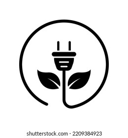 Electric Plug Green Energy Silhouette Icon. Eco Electricity Power with Leaf Glyph Pictogram. Renewable Ecology Sustainable Technology Icon. Environmental Conservation. Isolated Vector Illustration.