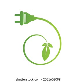 electric plug with green leaves. Green renewable innovative energy concept. Isolated illustration