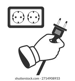 Enchufe eléctrico sostenido en una mano cerca de las tomas de corriente, que simboliza la electricidad, la conexión, el suministro de energía y el uso seguro de energía en el hogar o la oficina.