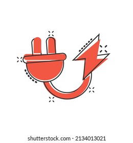 Electric plug icon in comic style. Power adapter cartoon vector illustration on white isolated background. Electrician splash effect sign business concept.