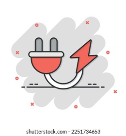 Electric plug icon in comic style. Power adapter cartoon vector illustration on white isolated background. Electrician splash effect sign business concept.