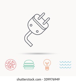 Electric plug icon. Electricity power sign. Cord energy symbol. Global connect network, ocean wave and burger icons. Lightbulb lamp symbol.