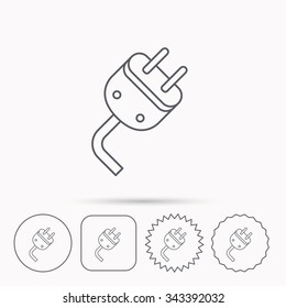 Electric plug icon. Electricity power sign. Cord energy symbol. Linear circle, square and star buttons with icons.
