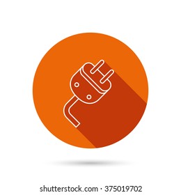 Electric plug icon. Electricity power sign. Cord energy symbol. Round orange web button with shadow.