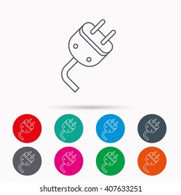Electric plug icon. Electricity power sign. Cord energy symbol. Linear icons in circles on white background.