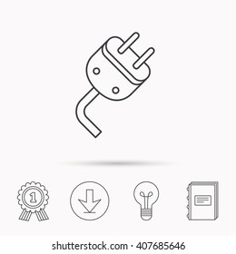 Electric plug icon. Electricity power sign. Cord energy symbol. Download arrow, lamp, learn book and award medal icons.