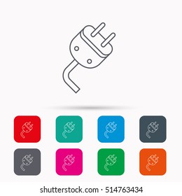 Electric plug icon. Electricity power sign. Cord energy symbol. Linear icons in squares on white background. Flat web symbols. Vector
