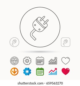 Electric plug icon. Electricity power sign. Cord energy symbol. Calendar, Graph chart and Cogwheel signs. Download and Heart love linear web icons. Vector