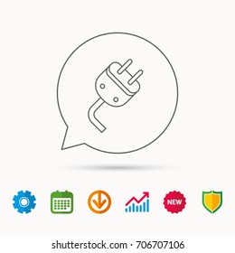Electric plug icon. Electricity power sign. Cord energy symbol. Calendar, Graph chart and Cogwheel signs. Download and Shield web icons. Vector